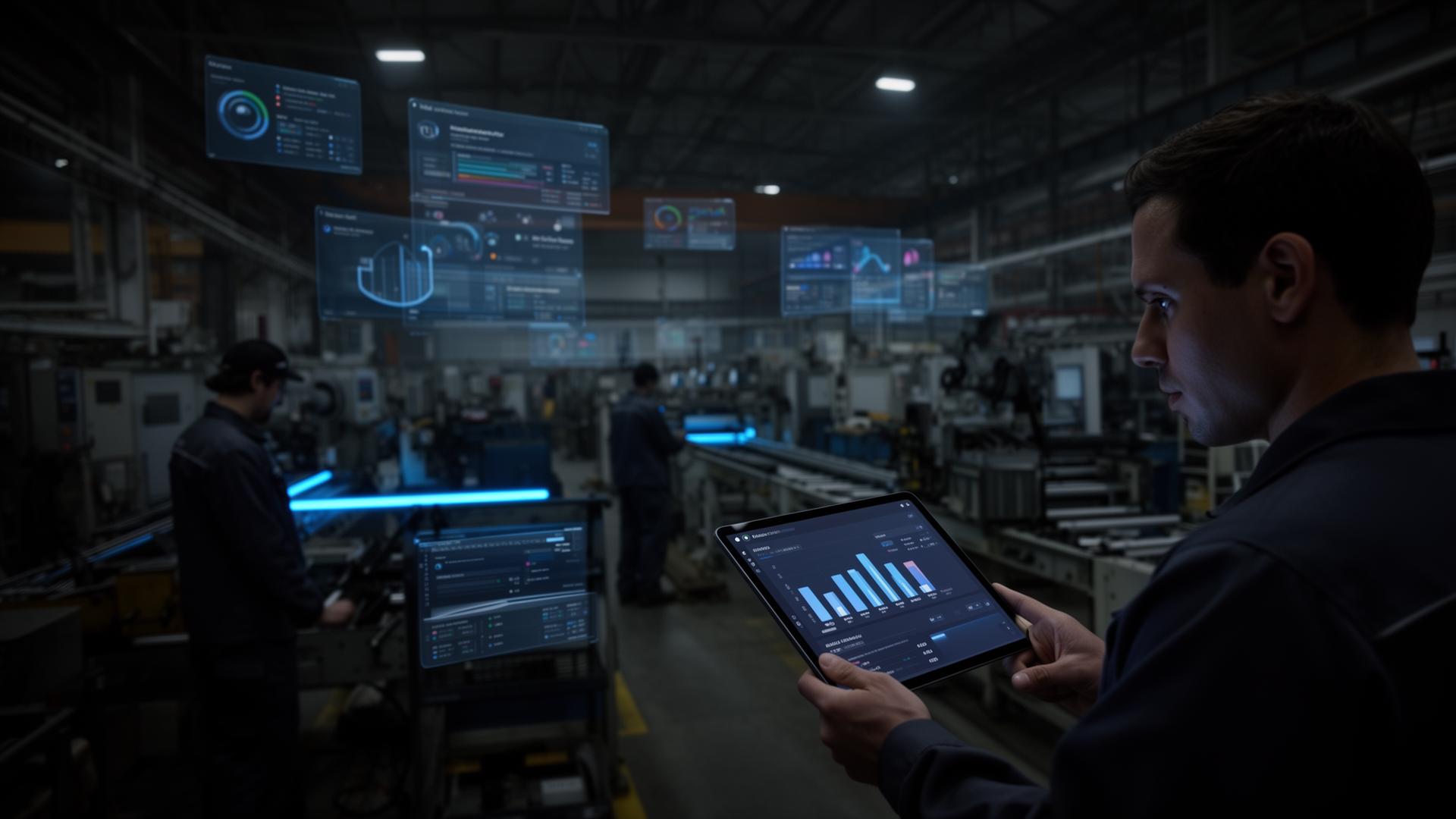Operação industrial real com dashboards e dados sobre o chão de fábrica