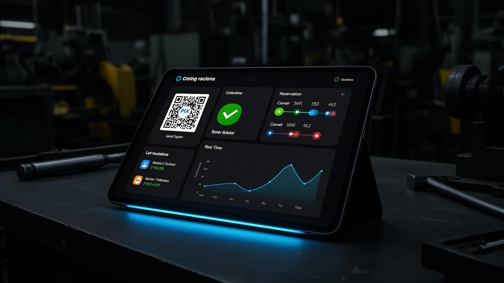 Tablet com dashboard operacional, QR Code PIX, validação de pagamento e linha de pedidos